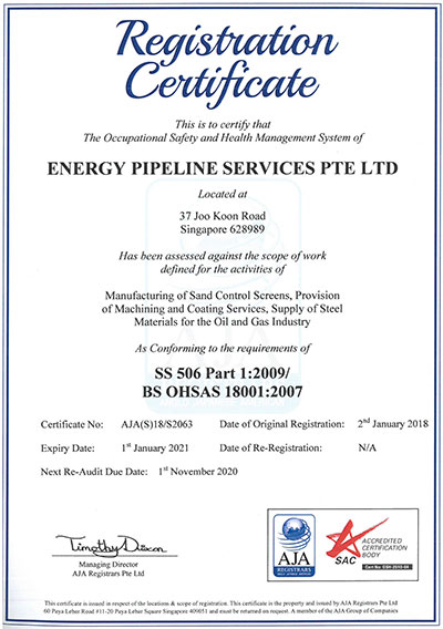 Energy Pipeline Services Certificate OHSAS 18001